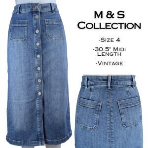 M&S Denim Midi Jean Skirt 4 Blue Pencil 90s Y2K Button Front Patch Pockets